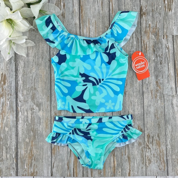 Toddler Girl Tropical Print Ruffle Tankini Swimsuit Two-Piece, Size 2T - Picture 1 of 5